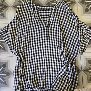 Black & White Gingham V-Neck Blouse for Women